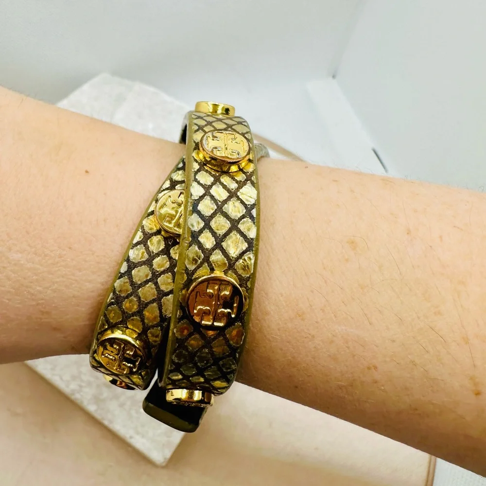 EUC Tory Burch Miller Stud Double Wrap Metallic Gold Exotic Snakeskin Bracelet